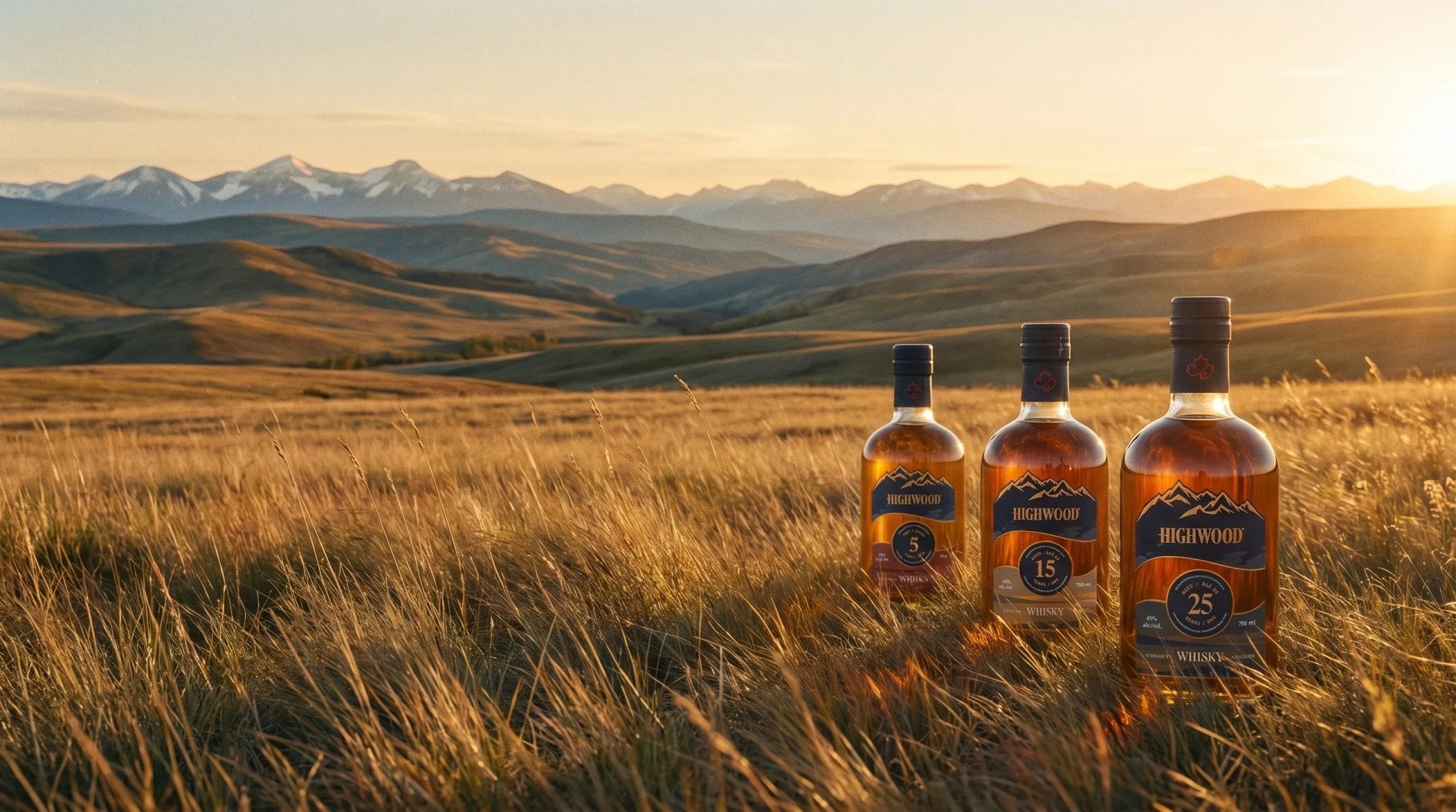 Three Highwood bottles in prairie grass at golden hour